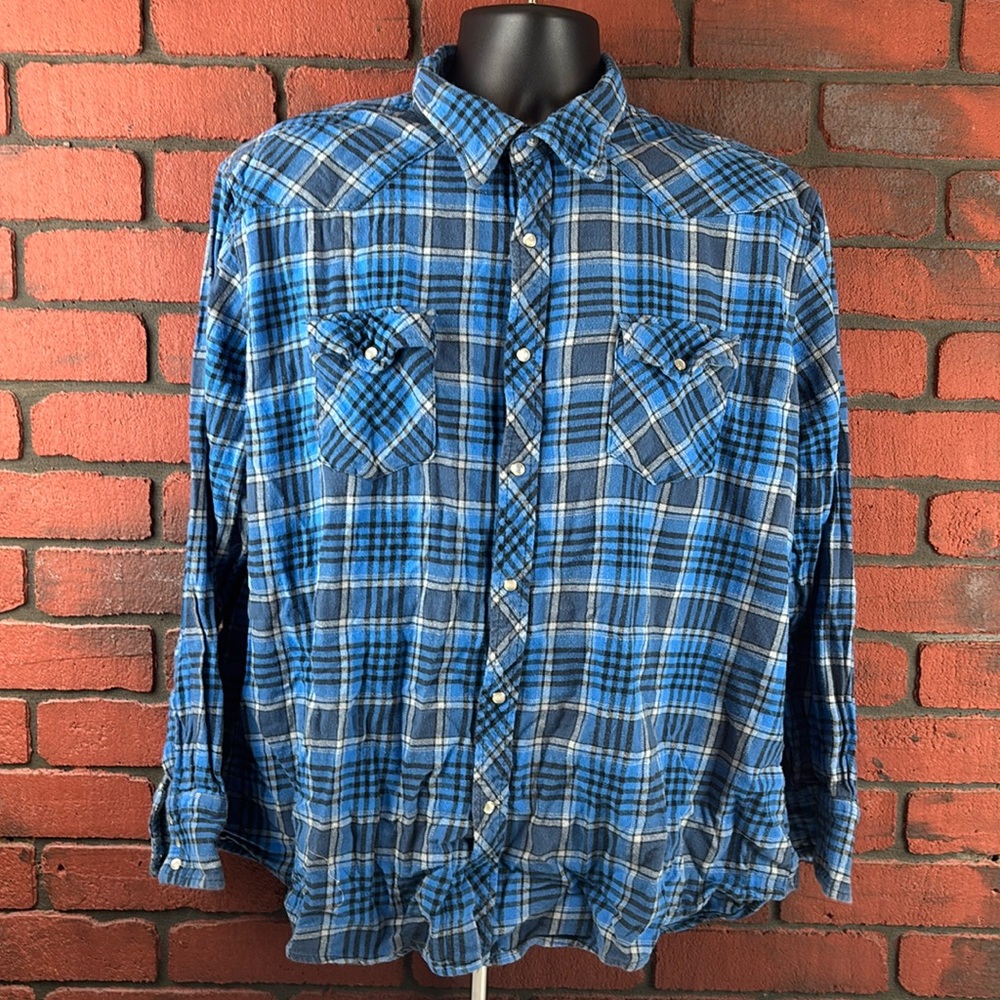 Wrangler Shirt Mens XXL Flannel Plaid Pearl Snap
